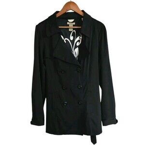 Vertigo Paris Trench Coat Women’s Large Black Floral Lined Classic Preppy Belted